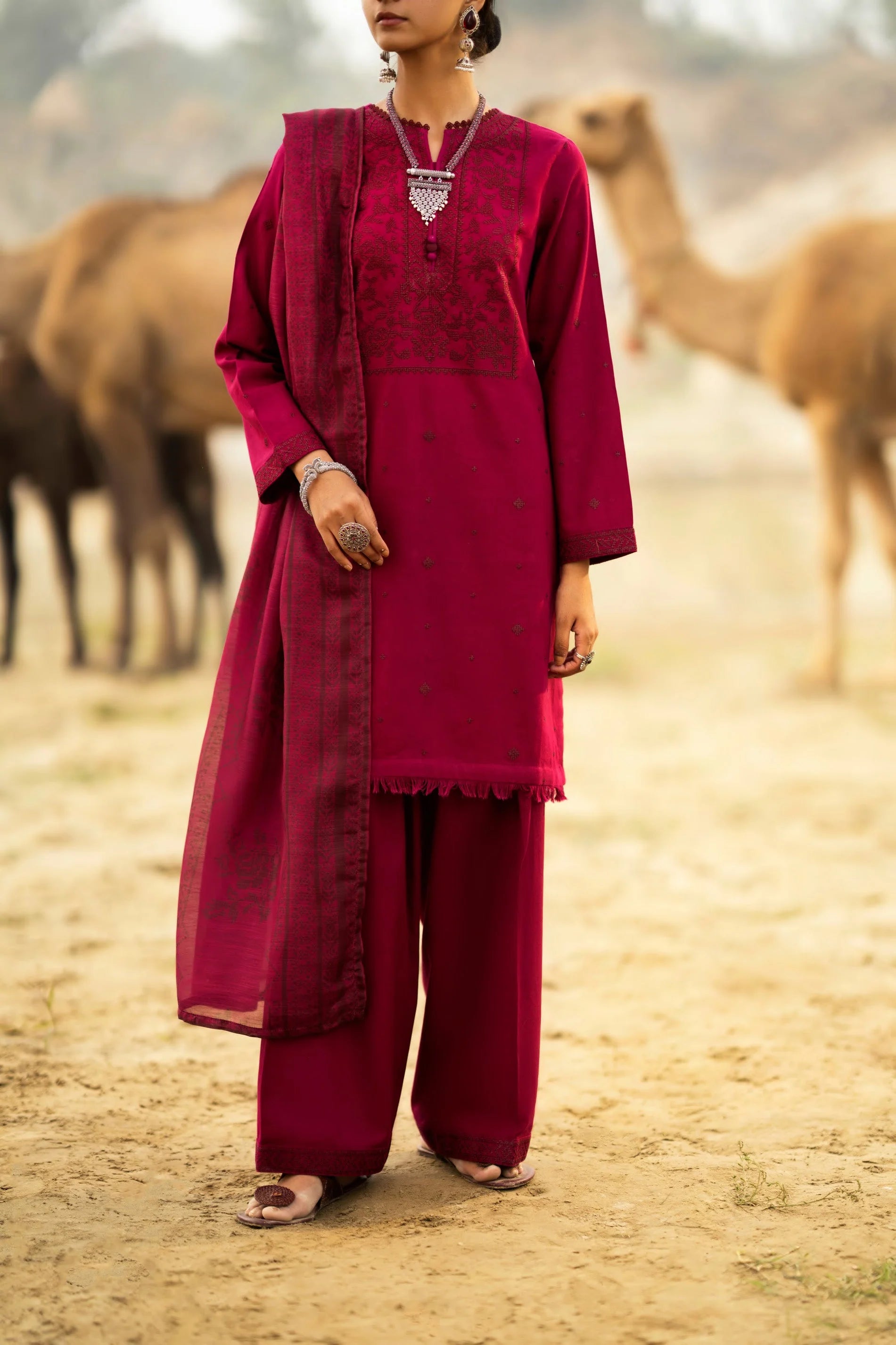 رہگیر Qalb Khaddar Embroidered Suit with Silk Munaar Dupatta - Desi Posh