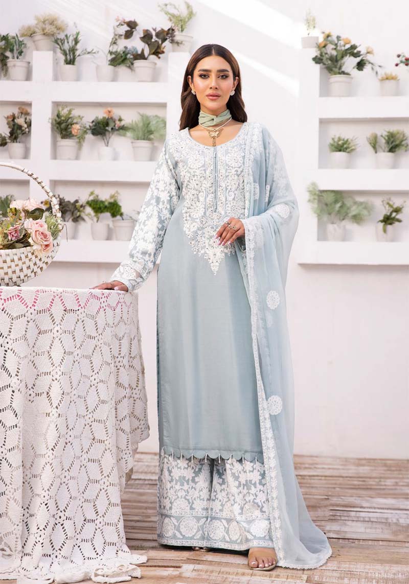 Yuva Mint Embroidered Linen 3 Piece Suit With Chiffon Dupatta - Desi Posh