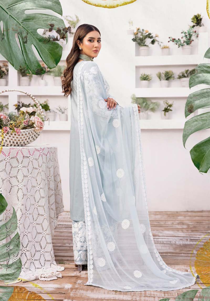 Yuva Mint Embroidered Linen 3 Piece Suit With Chiffon Dupatta - Desi Posh