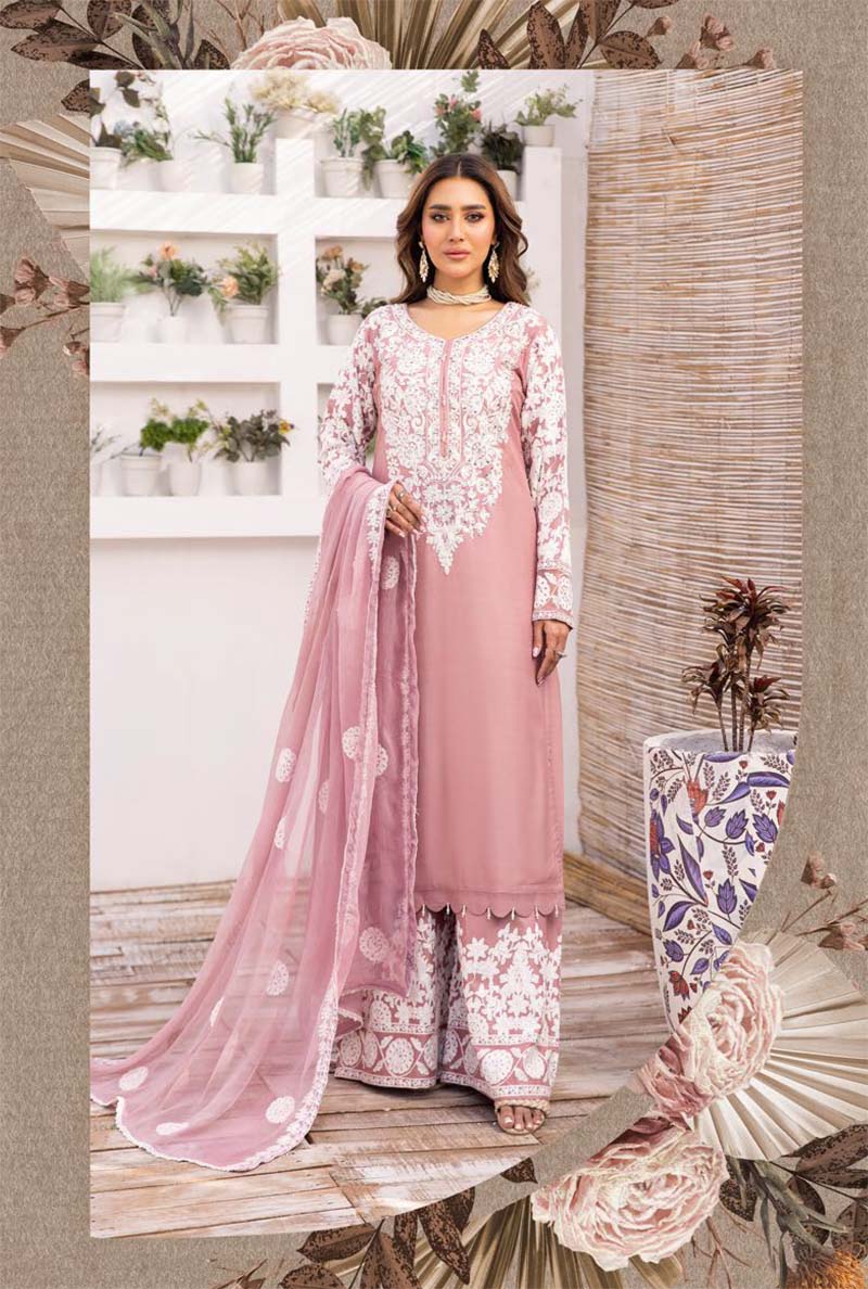 Yuva Pink Embroidered Linen 3 Piece Suit With Chiffon Dupatta - Desi Posh