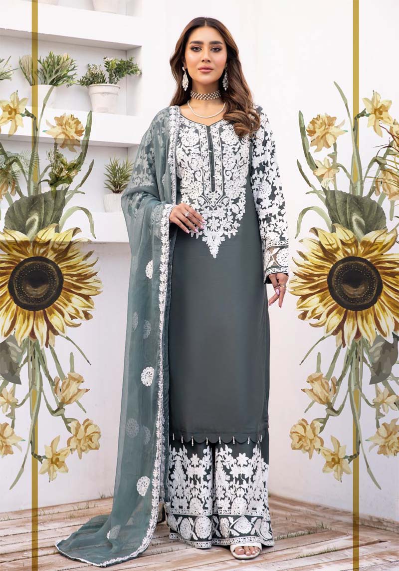 Yuva Green Embroidered Linen 3 Piece Suit With Chiffon Dupatta - Desi Posh