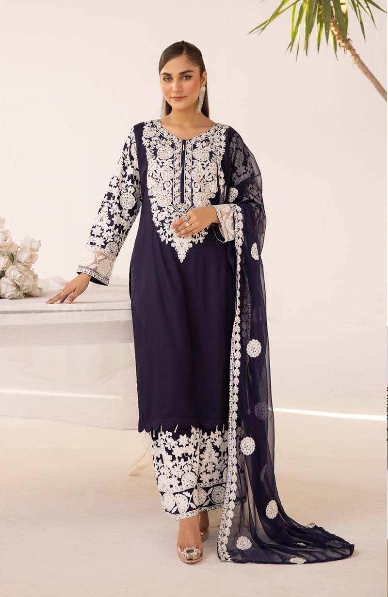 Yuva Navy Embroidered Linen 3 Piece Suit With Chiffon Dupatta - Desi Posh