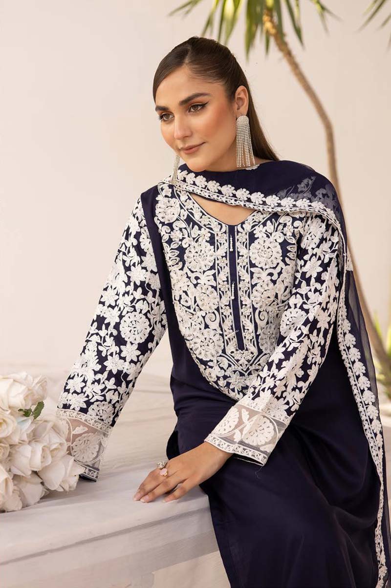 Yuva Navy Embroidered Linen 3 Piece Suit With Chiffon Dupatta - Desi Posh