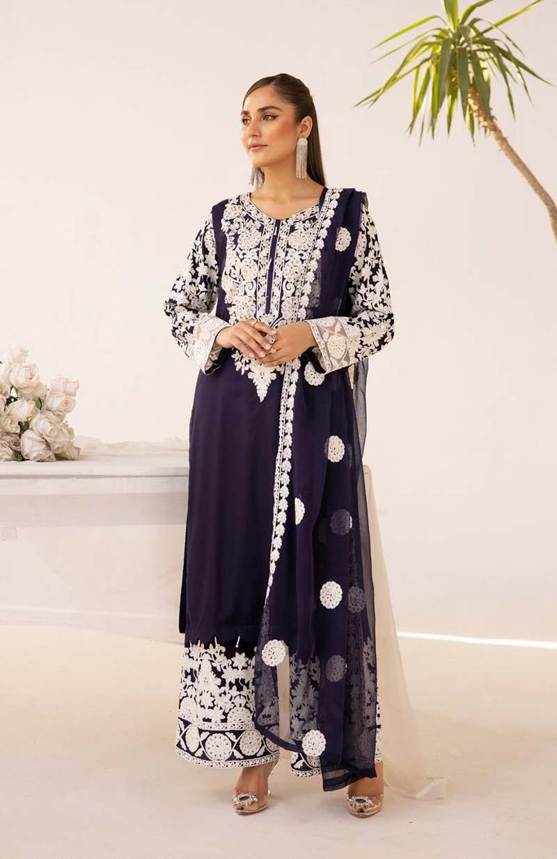 Yuva Navy Embroidered Linen 3 Piece Suit With Chiffon Dupatta - Desi Posh