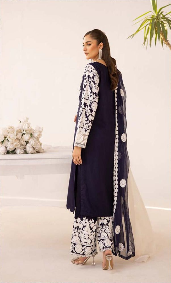 Yuva Navy Embroidered Linen 3 Piece Suit With Chiffon Dupatta - Desi Posh