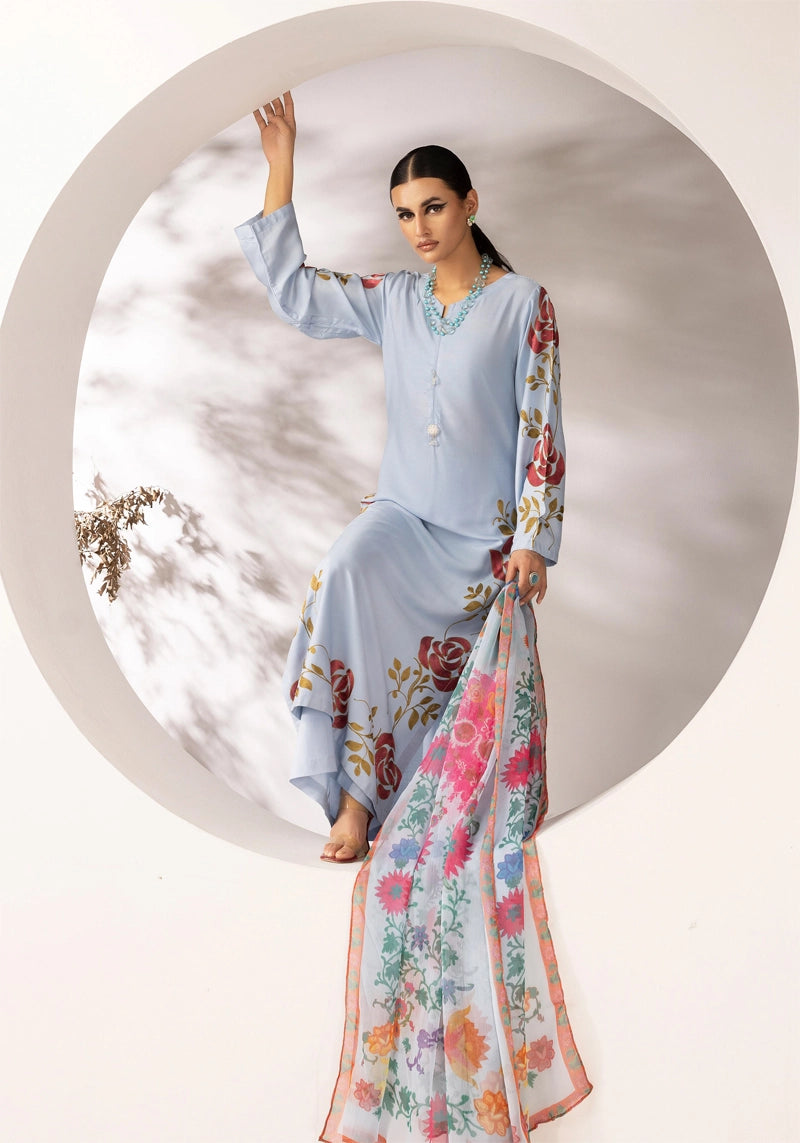 Zainah Winter Linen Embroidered 3 Piece Blue Suit With Chiffon Dupatta FL03