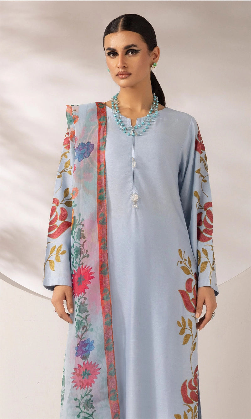 Zainah Winter Linen Embroidered 3 Piece Blue Suit With Chiffon Dupatta FL03