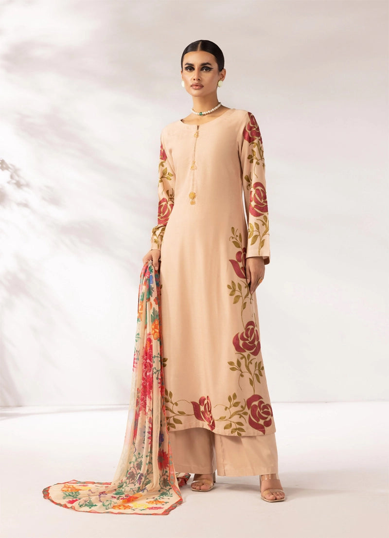 Zainah Winter Linen Embroidered 3 Piece Beige Suit With Chiffon Dupatta FL03