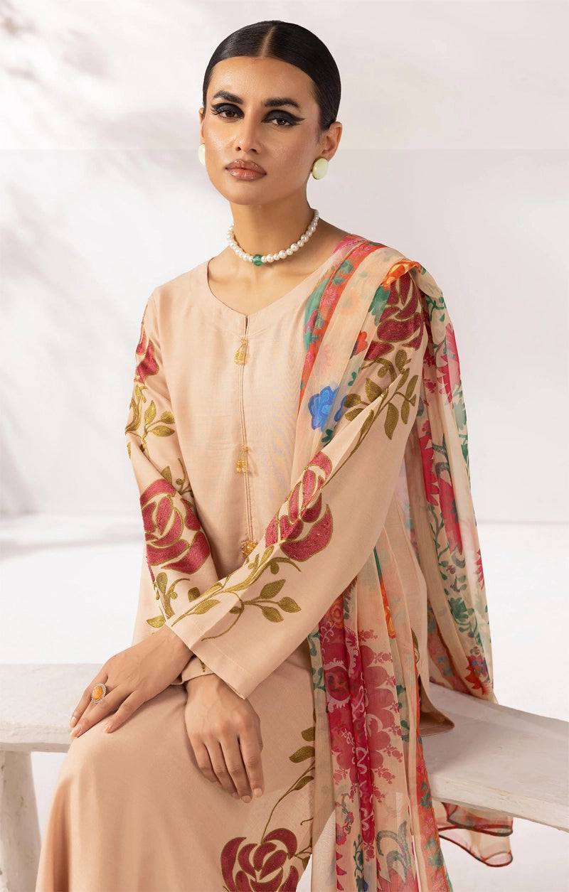 Zainah Winter Linen Embroidered 3 Piece Beige Suit With Chiffon Dupatta FL03