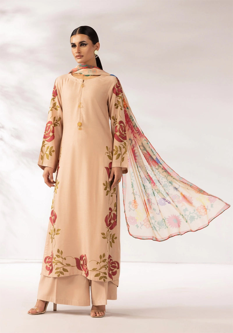 Zainah Winter Linen Embroidered 3 Piece Beige Suit With Chiffon Dupatta FL03