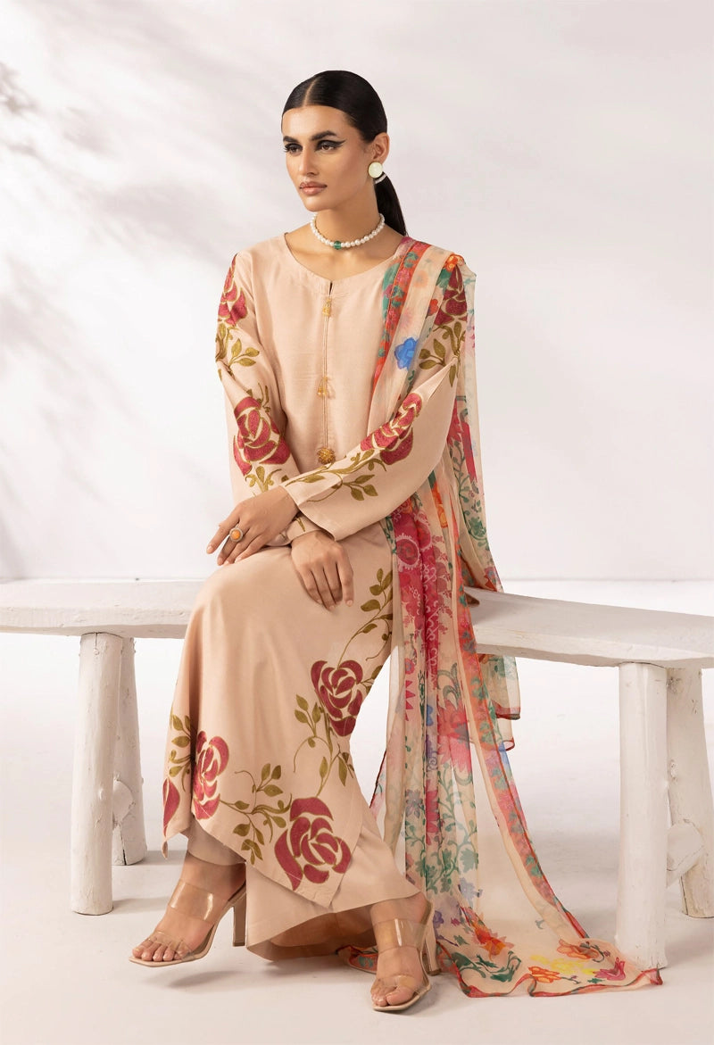 Zainah Winter Linen Embroidered 3 Piece Beige Suit With Chiffon Dupatta FL03