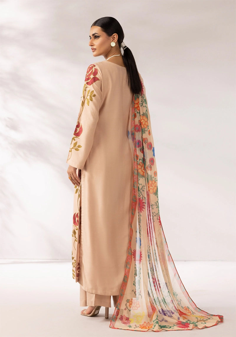 Zainah Winter Linen Embroidered 3 Piece Beige Suit With Chiffon Dupatta FL03