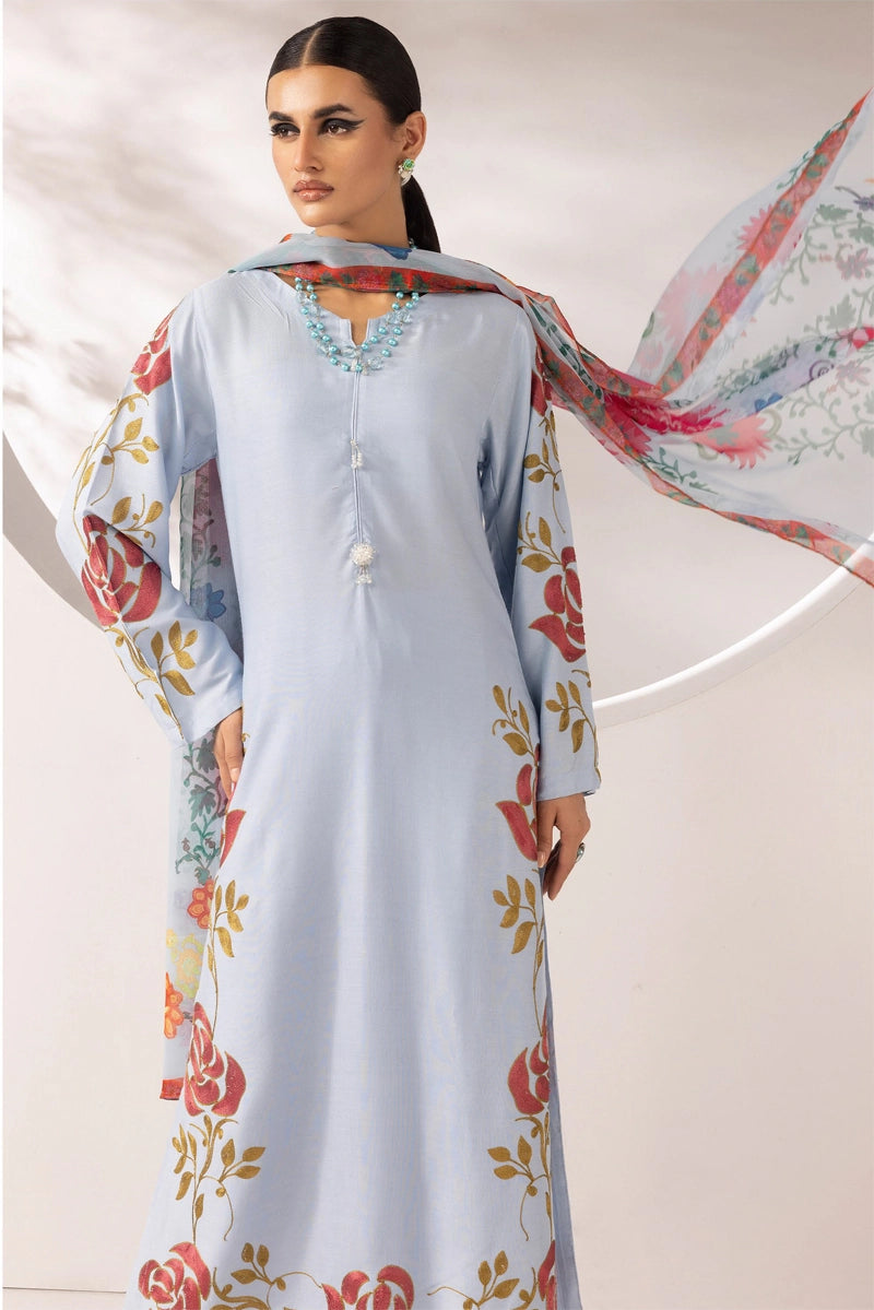 Zainah Winter Linen Embroidered 3 Piece Blue Suit With Chiffon Dupatta FL03