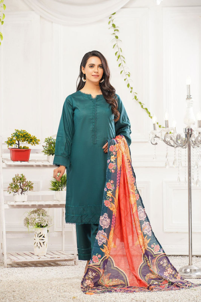 Bin Saeed Green 3 Piece Suit with Organza Dupatta - Desi Posh