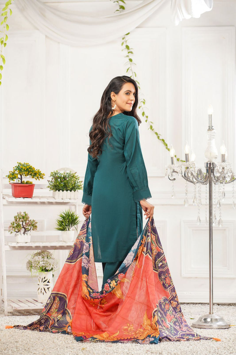Bin Saeed Green 3 Piece Suit with Organza Dupatta - Desi Posh