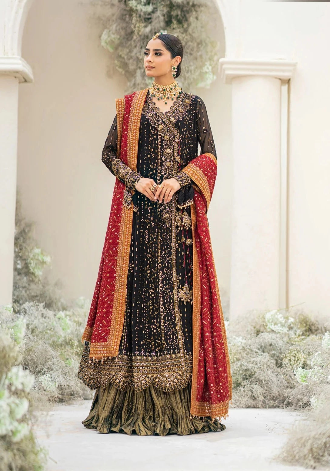 Aik Atelier Formal Angrakha Inspired Embroidered 3 Piece Wedding Outfit - Desi Posh