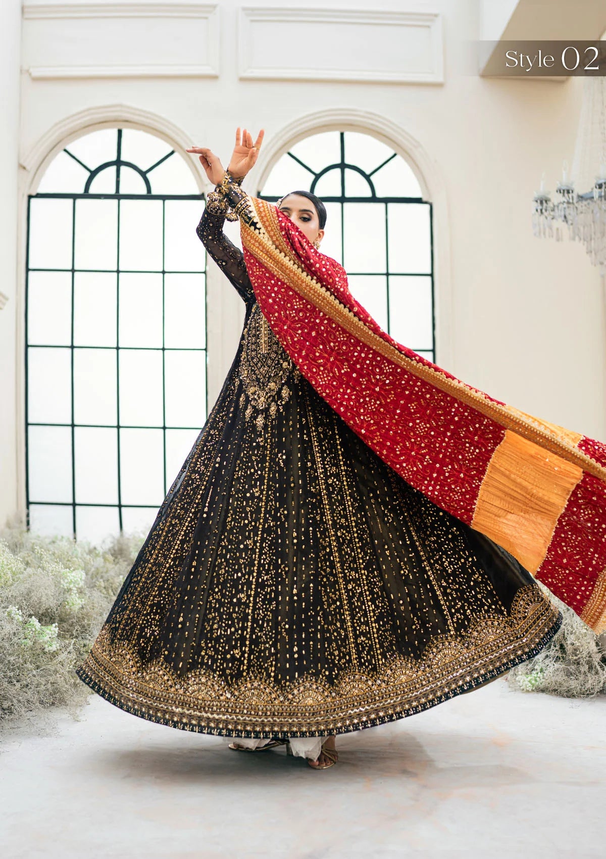 Aik Atelier Formal Inspired Embroidered 3 Piece Long Wedding Dress - Desi Posh