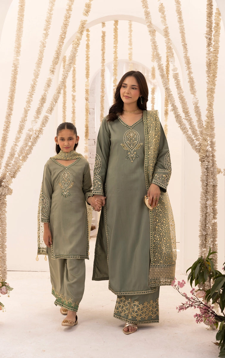 Sage Green Embroidered Viscose Suit | Mummy and Me Eid Clothes– Desi Posh