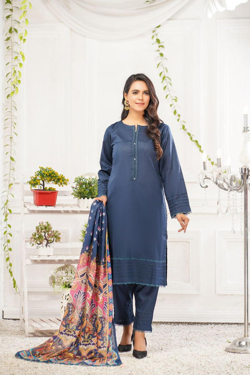 Bin Saeed Navy 3 Piece Suit with Organza Dupatta - Desi Posh