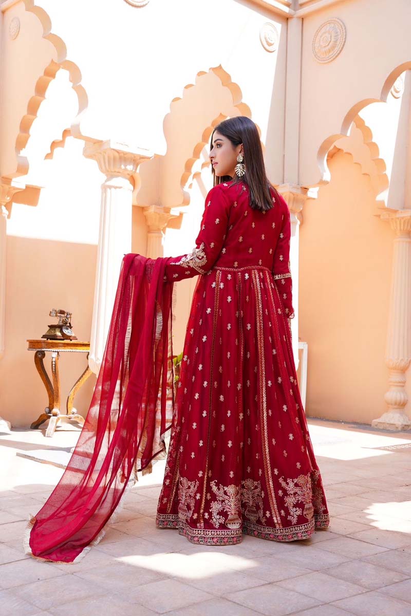 Baroque Formal Inspired Embroidered 3 Piece Long Maroon Dress - Desi Posh