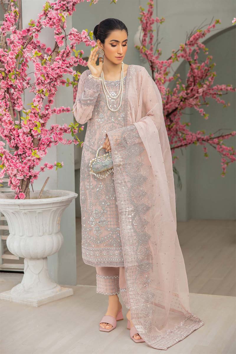 Baroque Inspired Embroidered Dusty Pink 3 Piece Wedding Outfit - Desi Posh