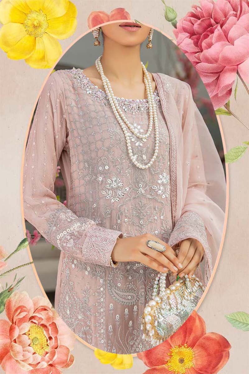 Baroque Inspired Embroidered Dusty Pink 3 Piece Wedding Outfit - Desi Posh