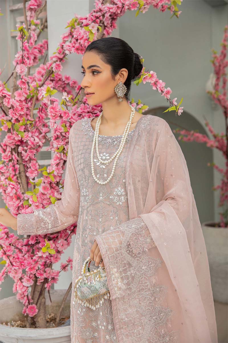 Baroque Inspired Embroidered Dusty Pink 3 Piece Wedding Outfit - Desi Posh