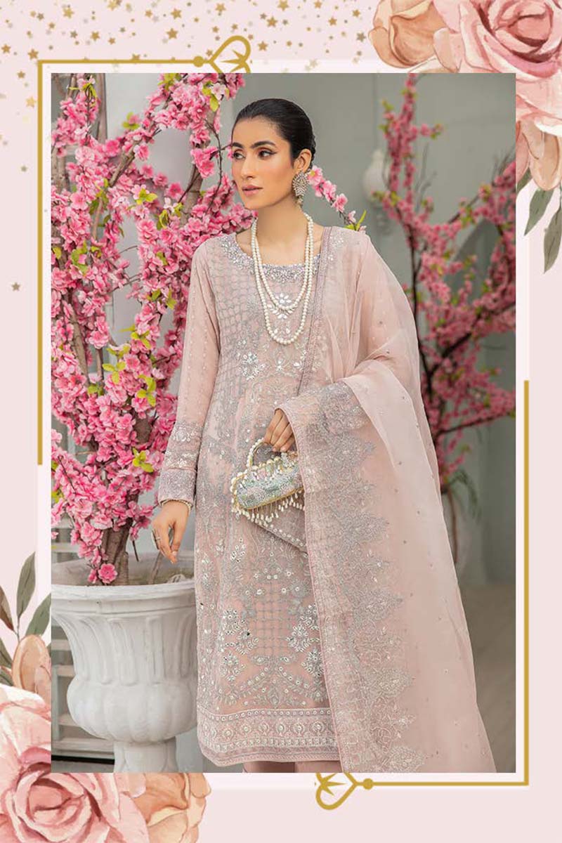 Baroque Inspired Embroidered Dusty Pink 3 Piece Wedding Outfit - Desi Posh