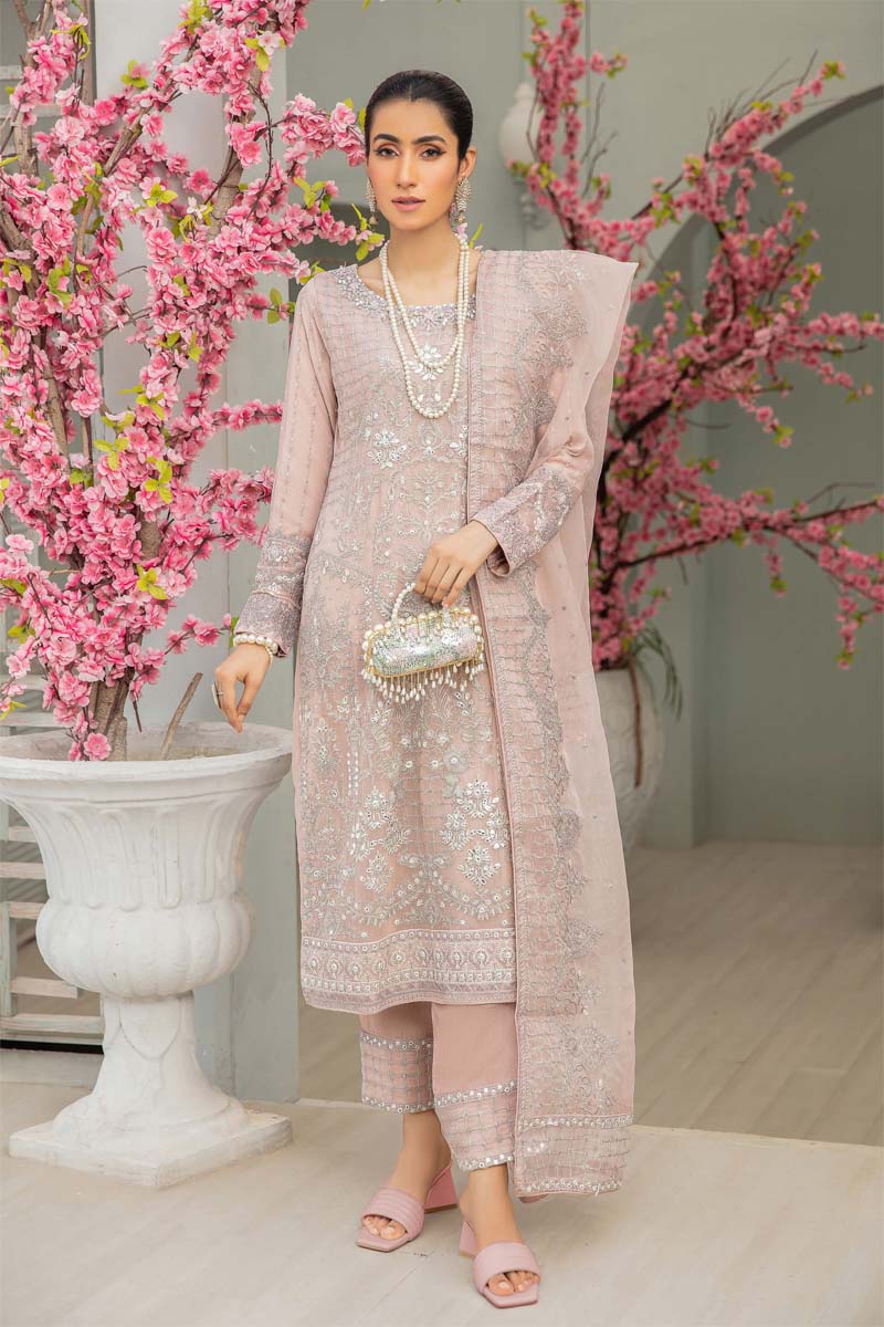 Baroque Inspired Embroidered Dusty Pink 3 Piece Wedding Outfit - Desi Posh