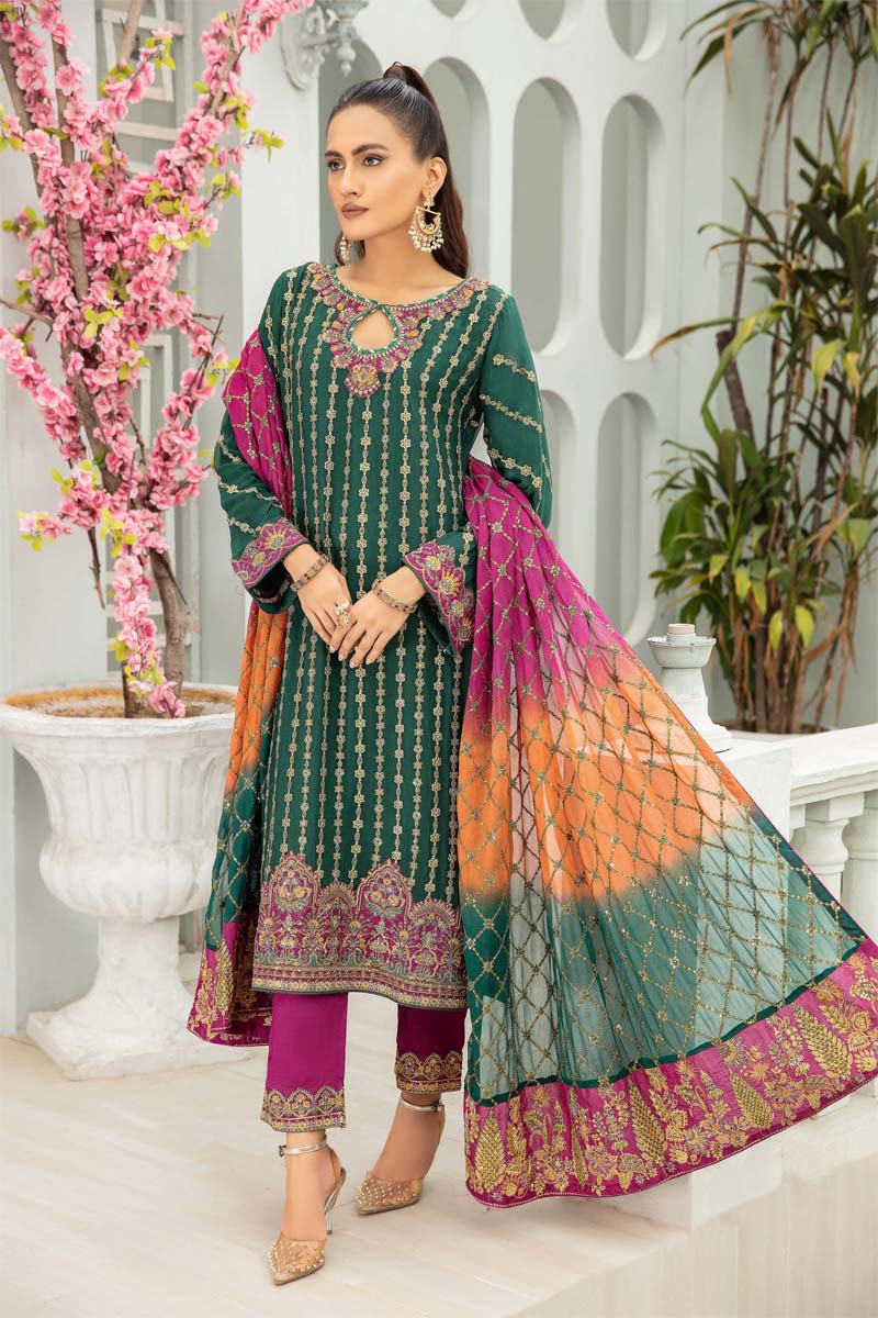 Baroque Inspired Embroidered Mehndi Green 3 Piece Wedding Outfit - Desi Posh