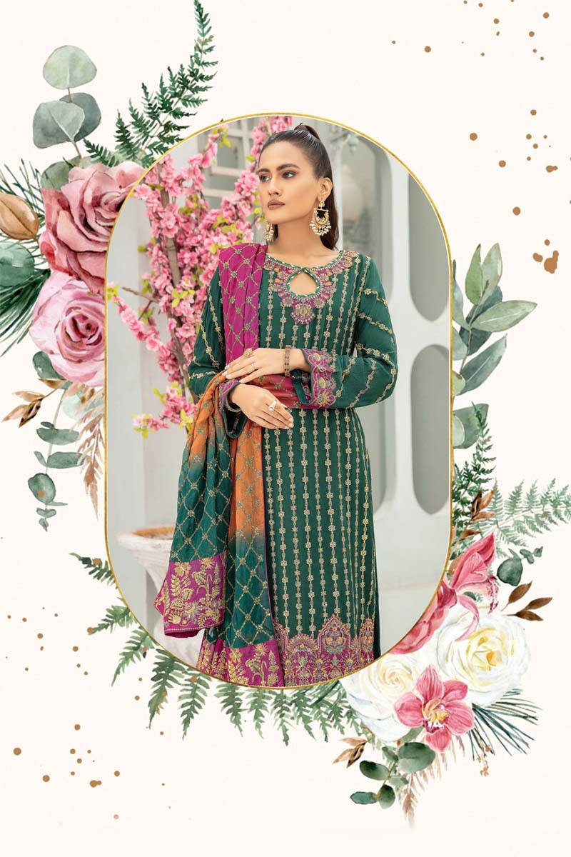 Baroque Inspired Embroidered Mehndi Green 3 Piece Wedding Outfit - Desi Posh