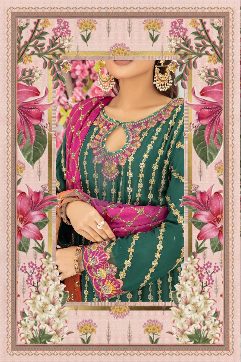 Baroque Inspired Embroidered Mehndi Green 3 Piece Wedding Outfit - Desi Posh
