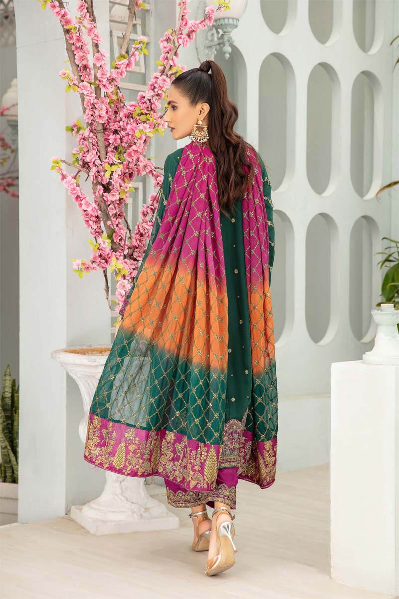 Baroque Inspired Embroidered Mehndi Green 3 Piece Wedding Outfit - Desi Posh