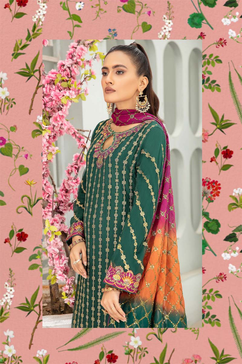 Baroque Inspired Embroidered Mehndi Green 3 Piece Wedding Outfit - Desi Posh