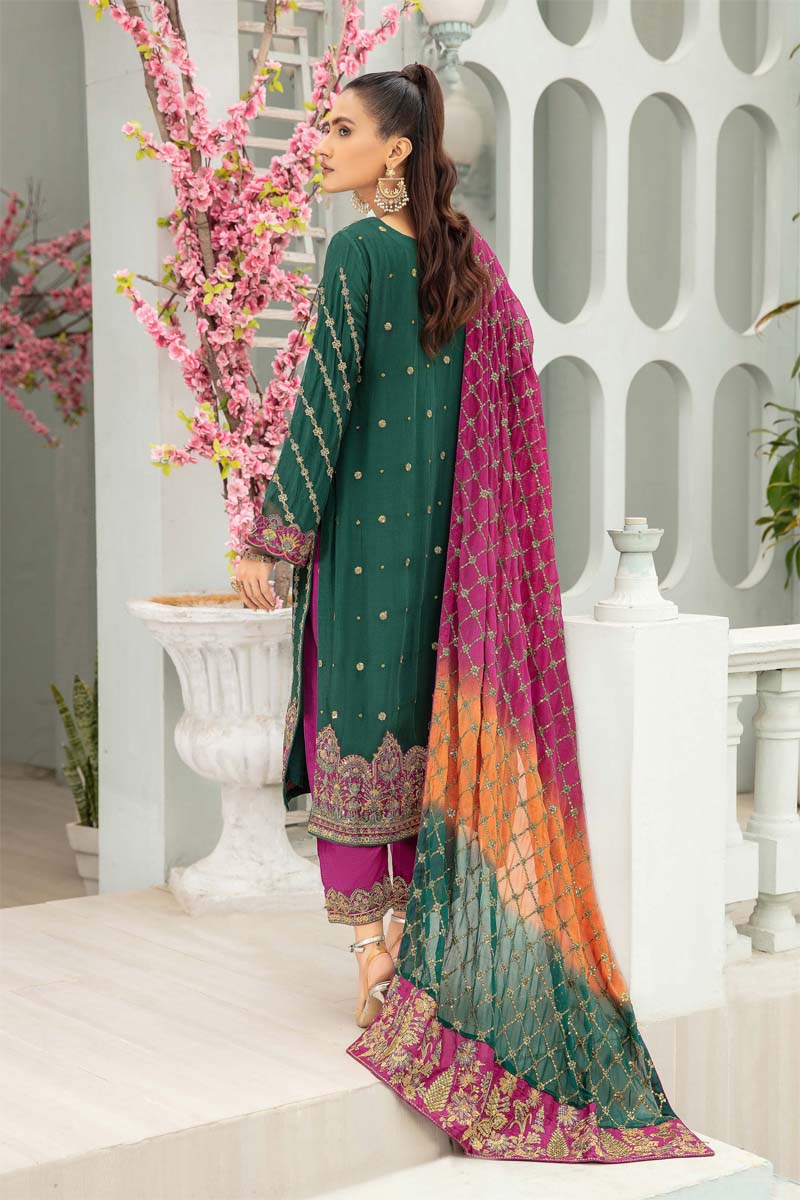Baroque Inspired Embroidered Mehndi Green 3 Piece Wedding Outfit - Desi Posh
