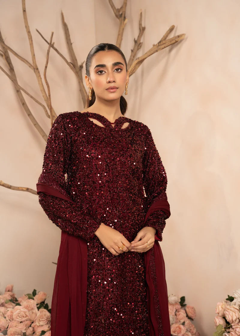 Moonlight Maroon Designer Luxe Embroidered 3 Piece Shimmer Outfit - Desi Posh