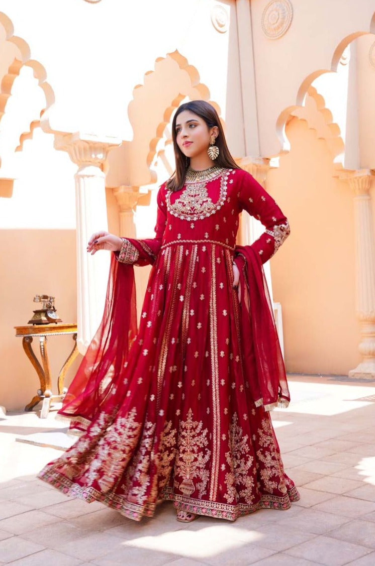 Baroque Formal Inspired Embroidered 3 Piece Long Maroon Dress - Desi Posh