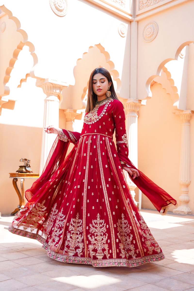 Baroque Formal Inspired Embroidered 3 Piece Long Maroon Dress - Desi Posh