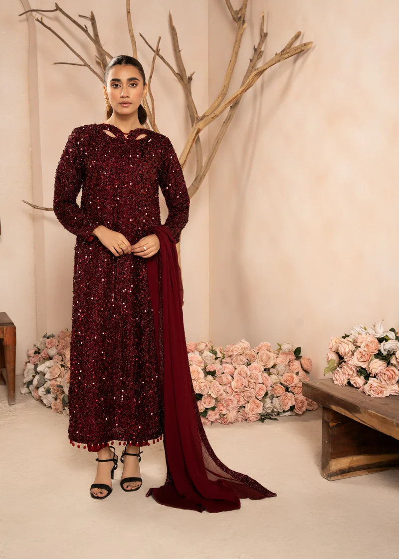 Moonlight Maroon Designer Luxe Embroidered 3 Piece Shimmer Outfit - Desi Posh