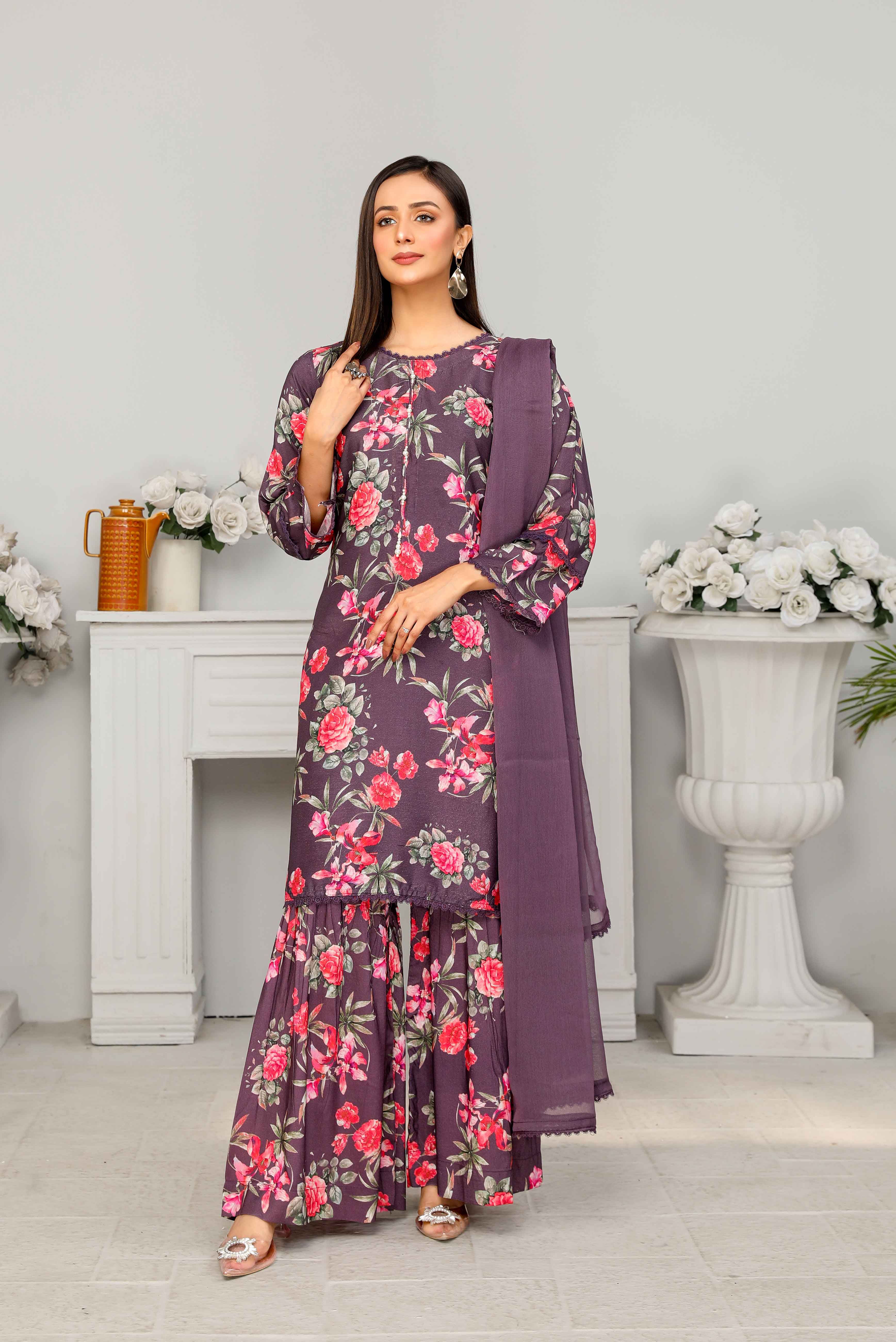 Flora Printed 3 Piece Winter Linen Gharara Suit Al13 - Desi Posh