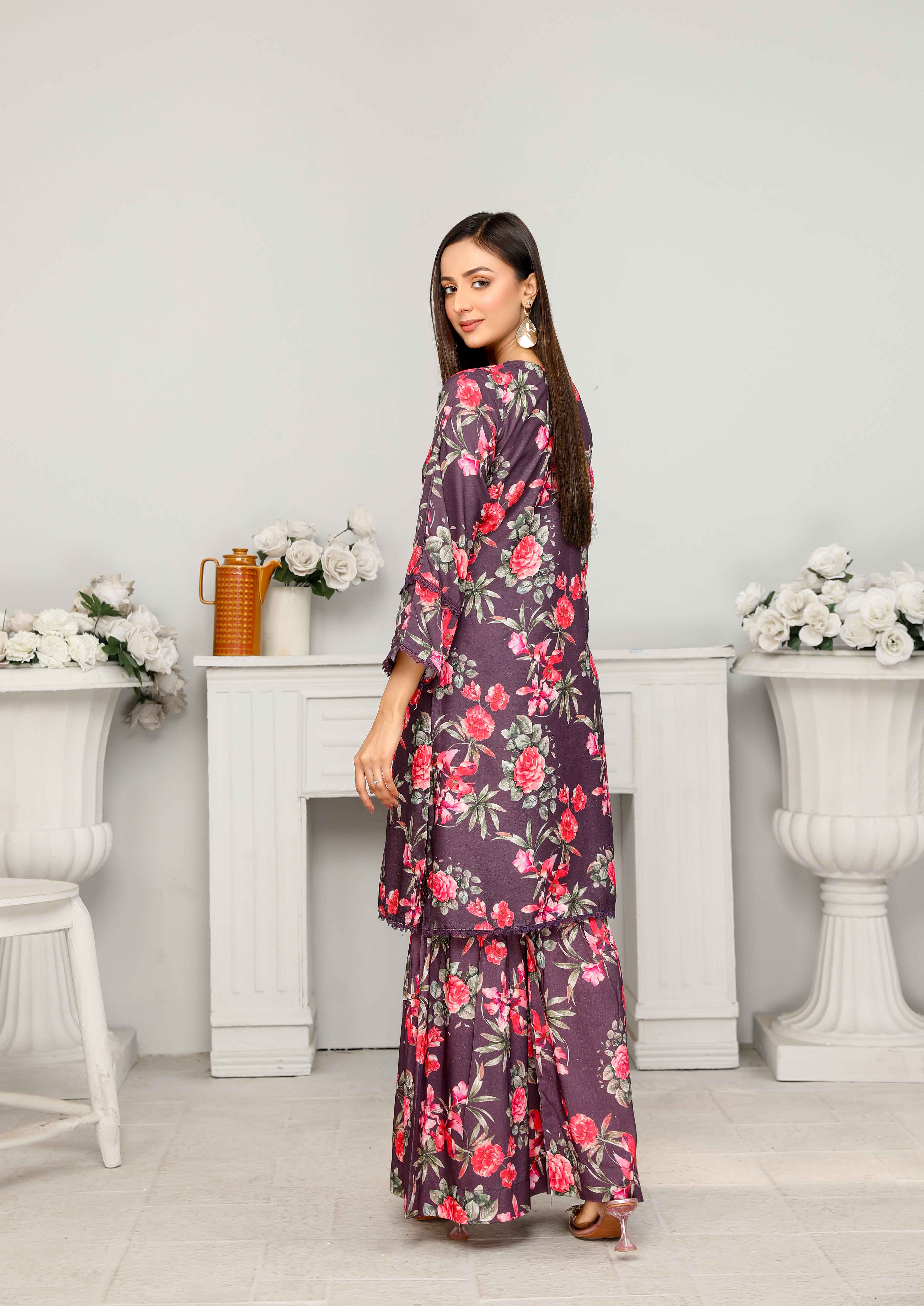 Flora Printed 3 Piece Winter Linen Gharara Suit Al13 - Desi Posh