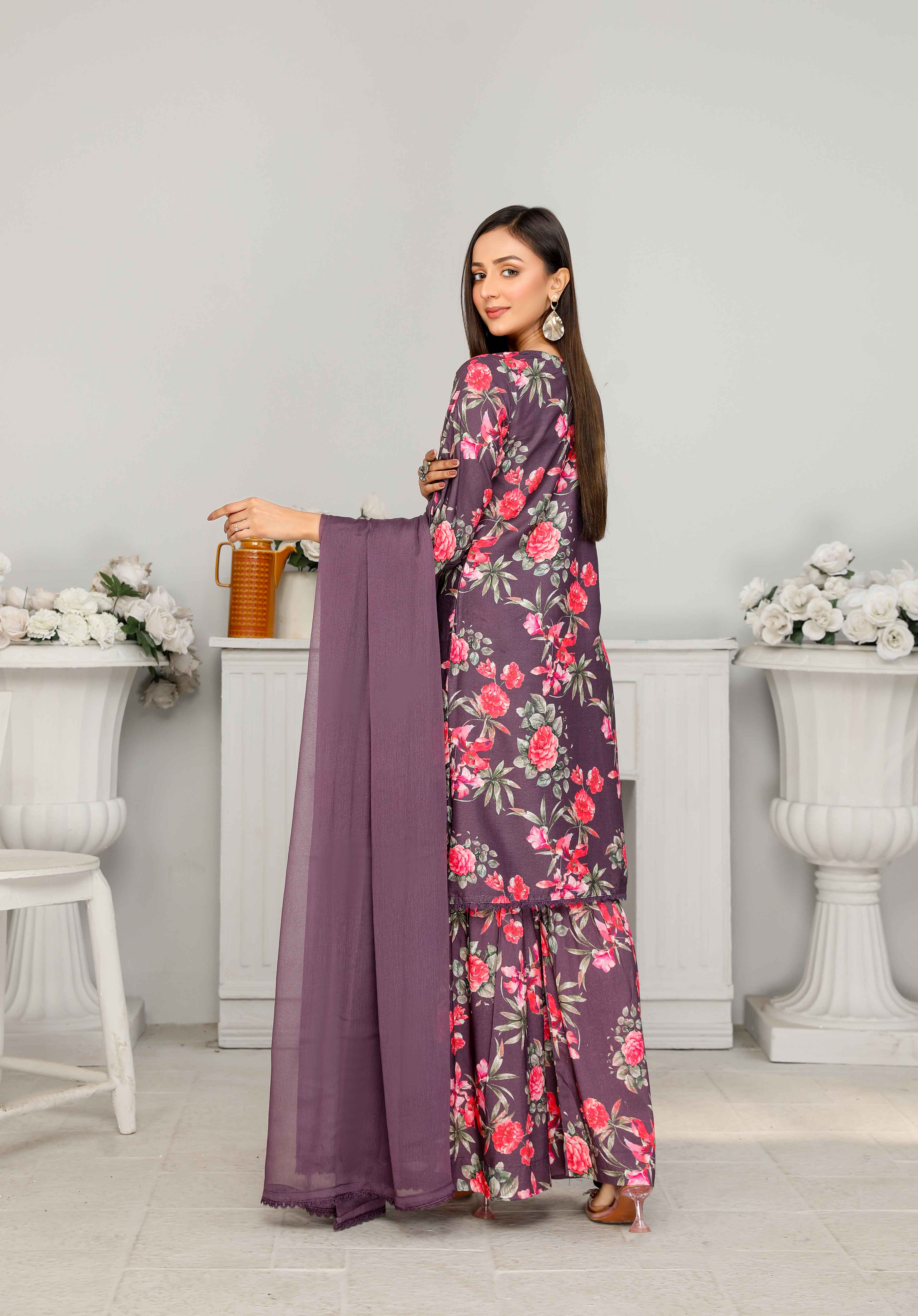 Flora Printed 3 Piece Winter Linen Gharara Suit Al13 - Desi Posh