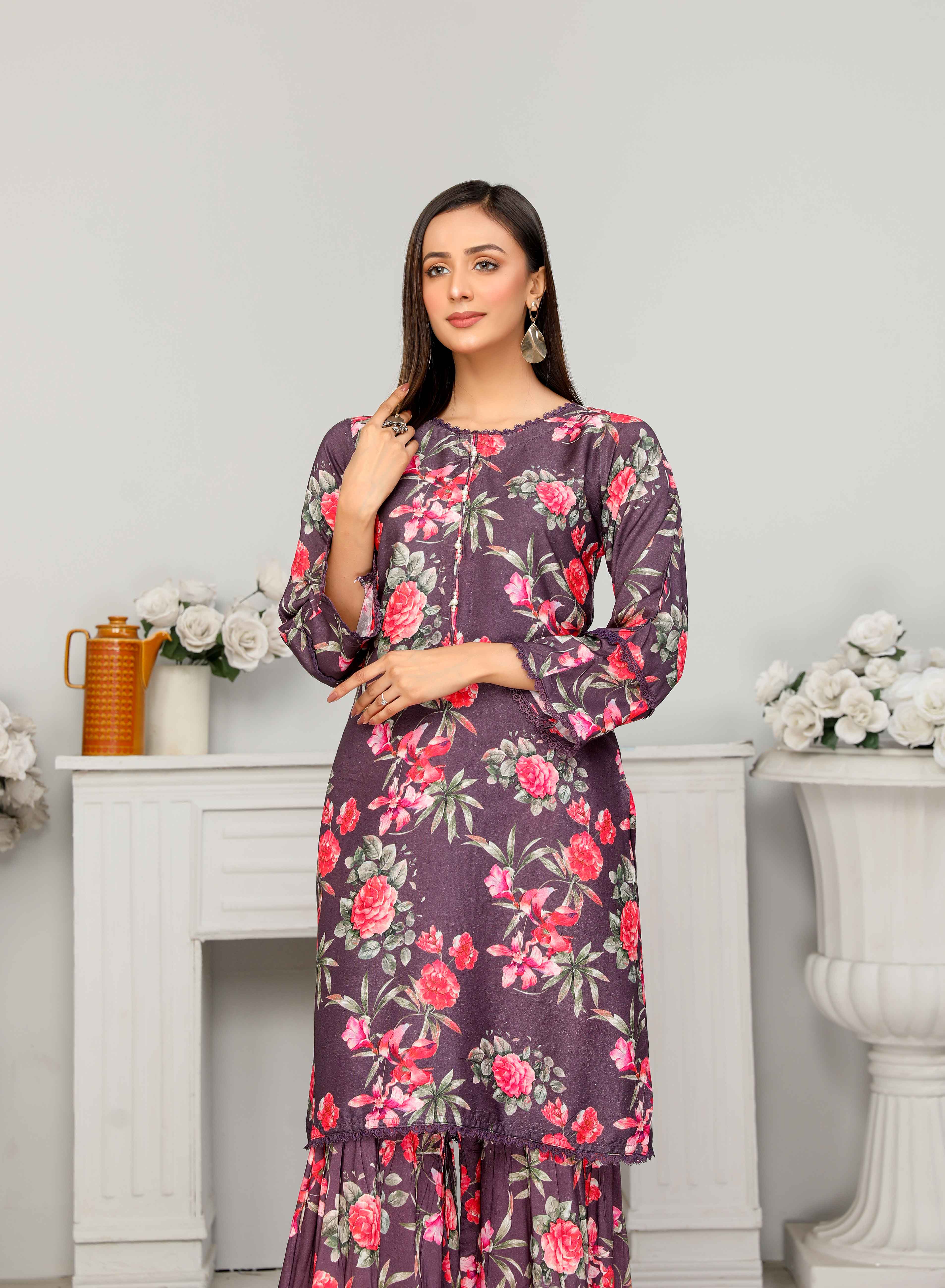 Flora Printed 3 Piece Winter Linen Gharara Suit Al13 - Desi Posh