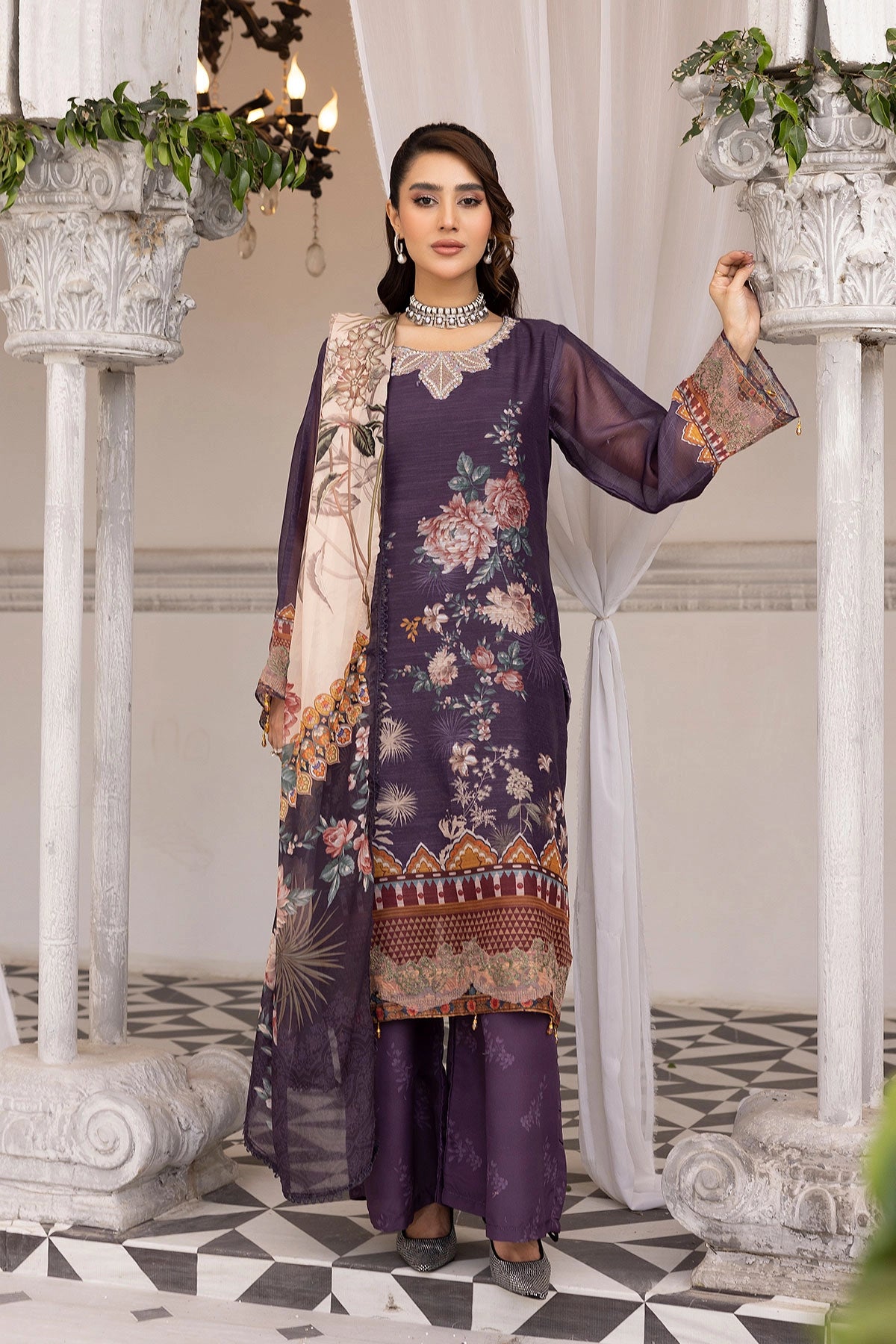 Ethnic Inspired Eid Silk Monal Suit With Palazzo Trousers Purple MNRK10 - Desi Posh