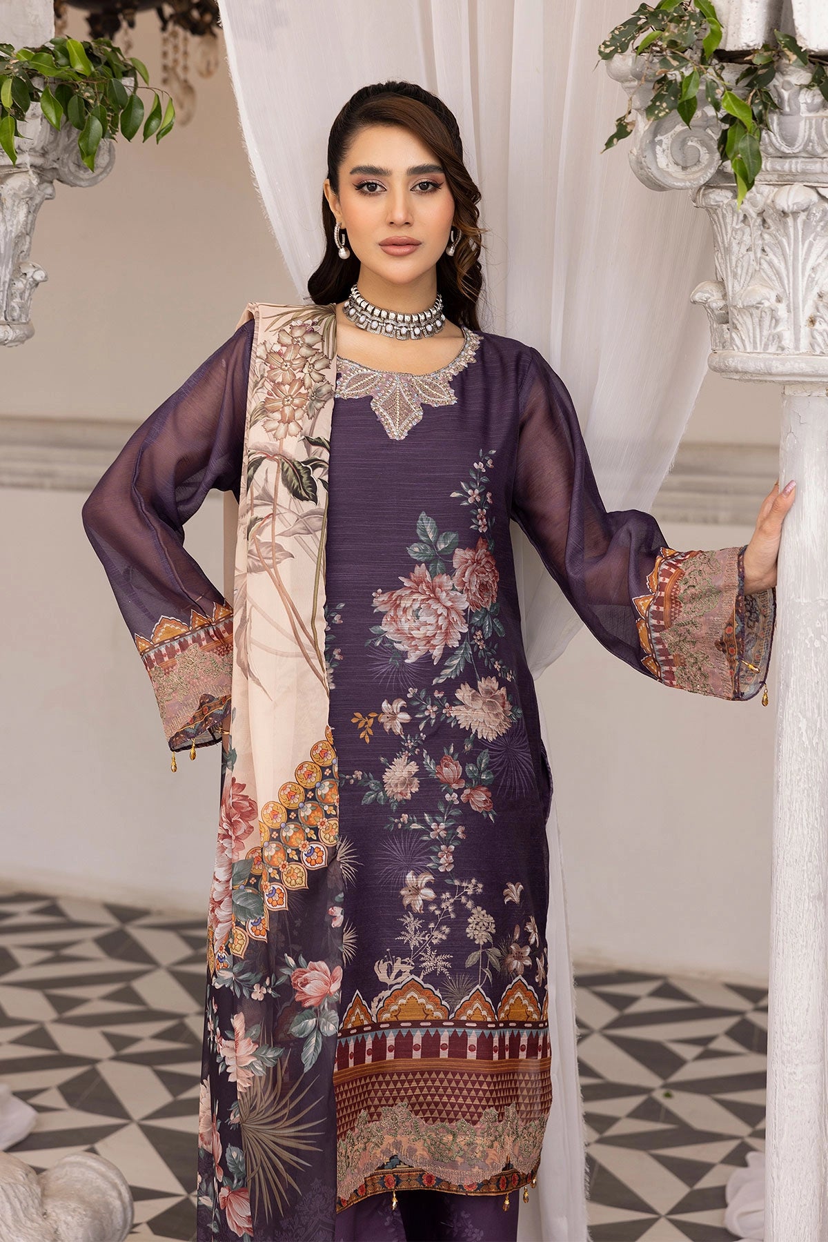 Ethnic Inspired Eid Silk Monal Suit With Palazzo Trousers Purple MNRK10 - Desi Posh