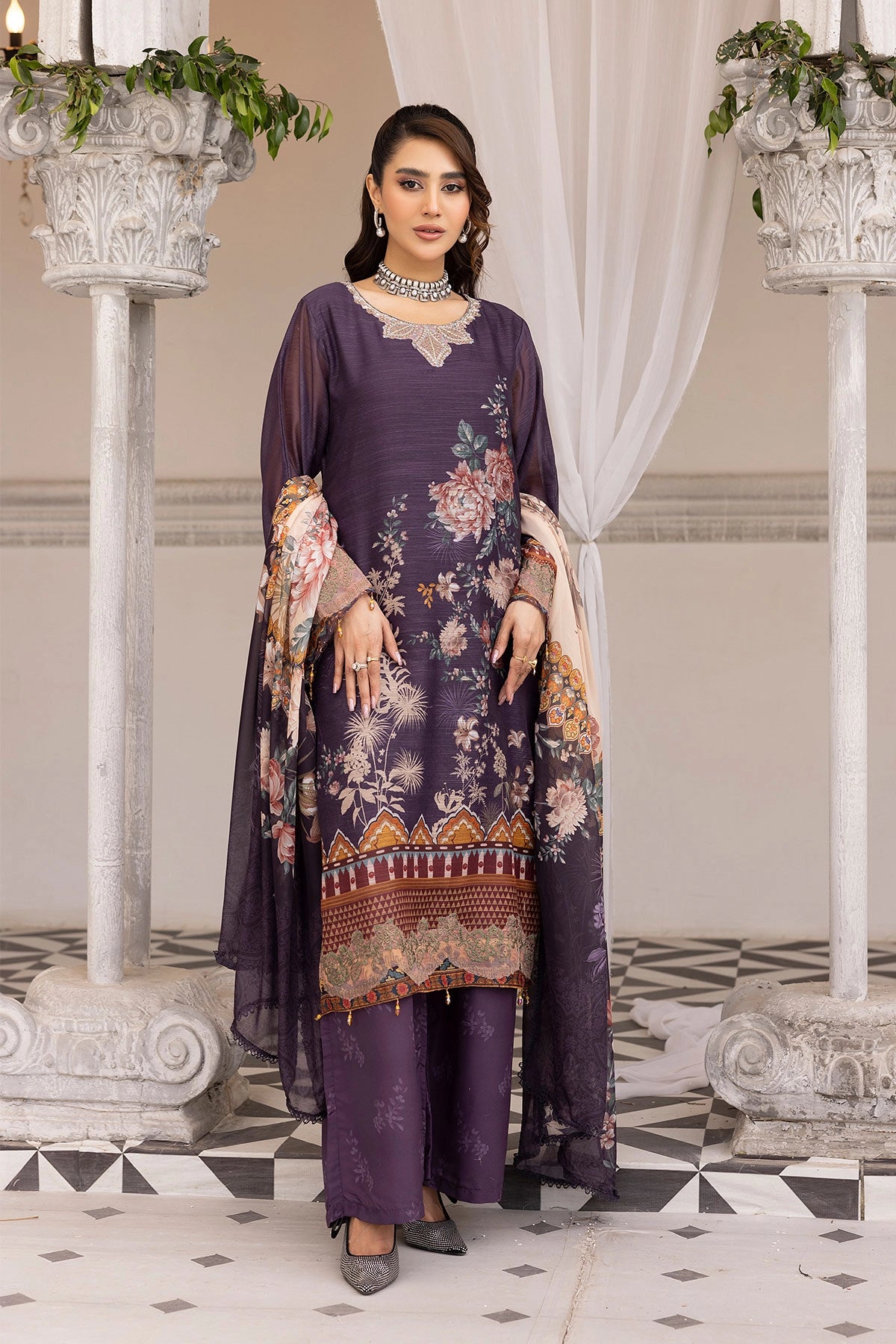 Ethnic Inspired Eid Silk Monal Suit With Palazzo Trousers Purple MNRK10 - Desi Posh