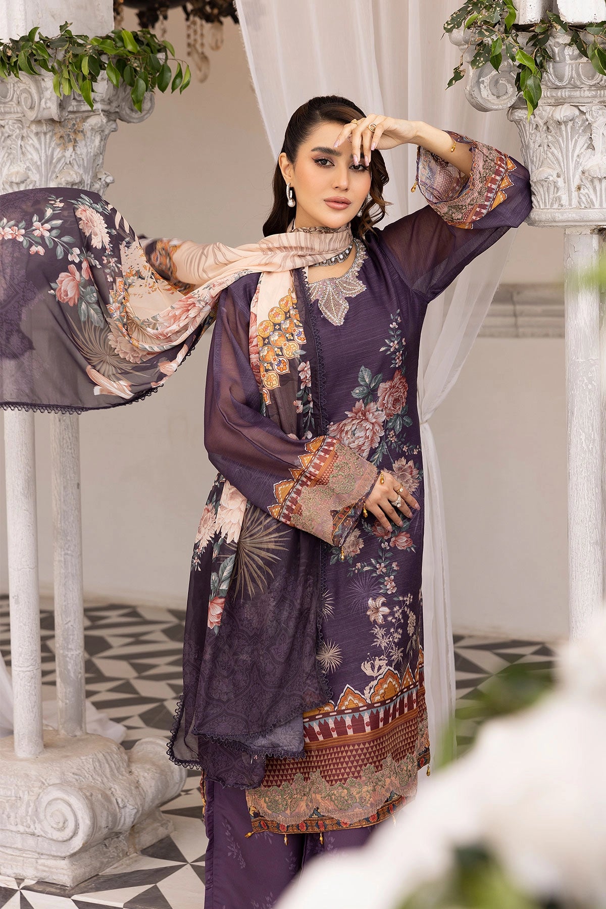 Ethnic Inspired Eid Silk Monal Suit With Palazzo Trousers Purple MNRK10 - Desi Posh