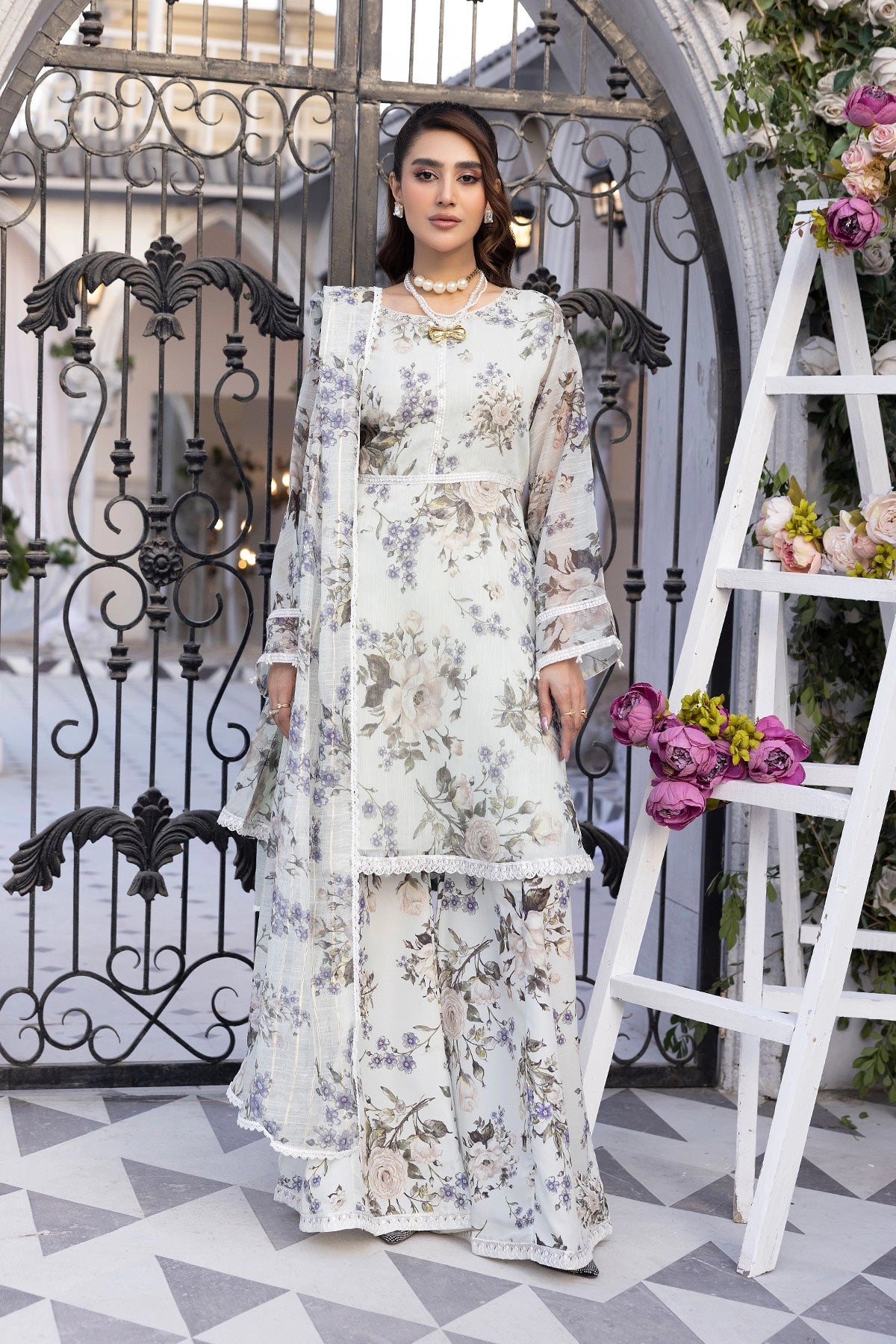 Ethnic Inspired Eid Silk Monal Suit With Sharara Trousers Mint MNRK8