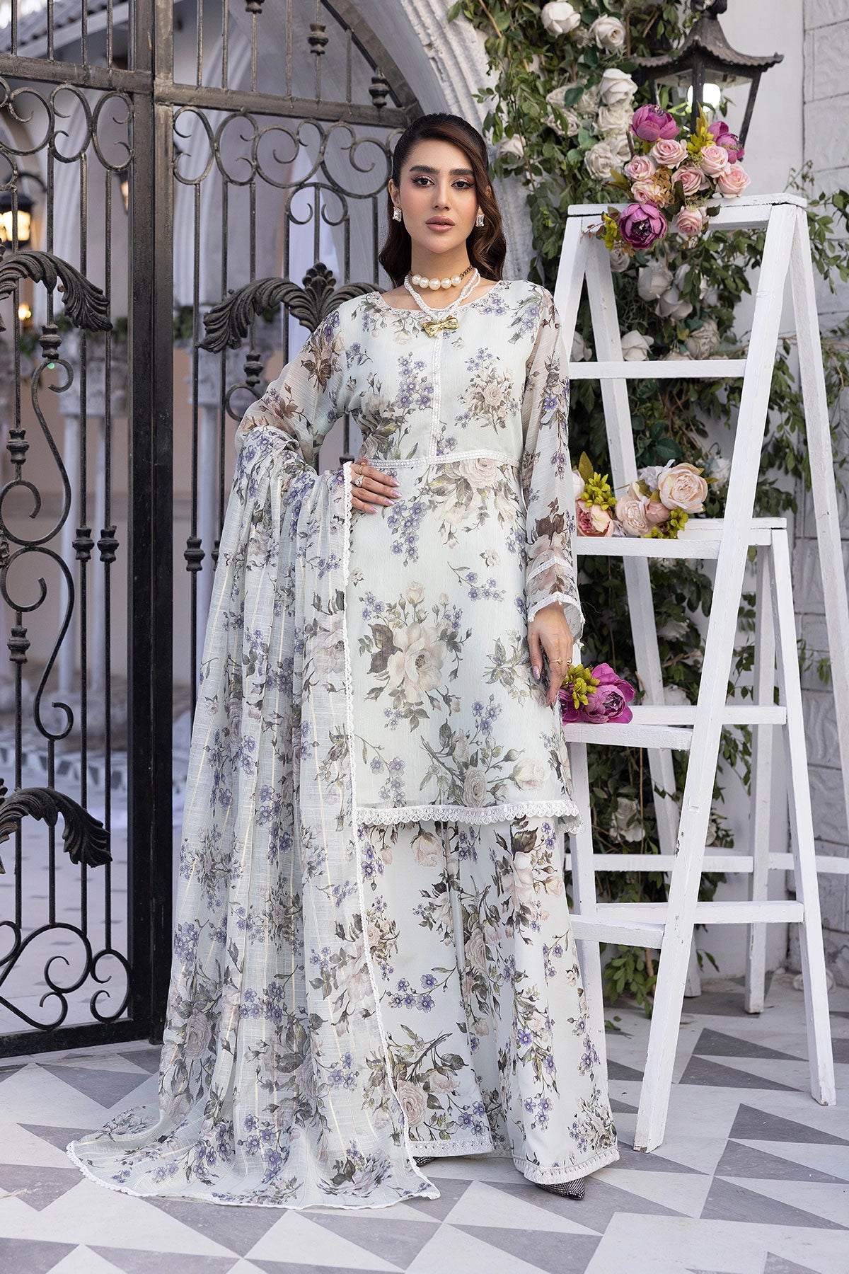 Ethnic Inspired Eid Silk Monal Suit With Sharara Trousers Mint MNRK8