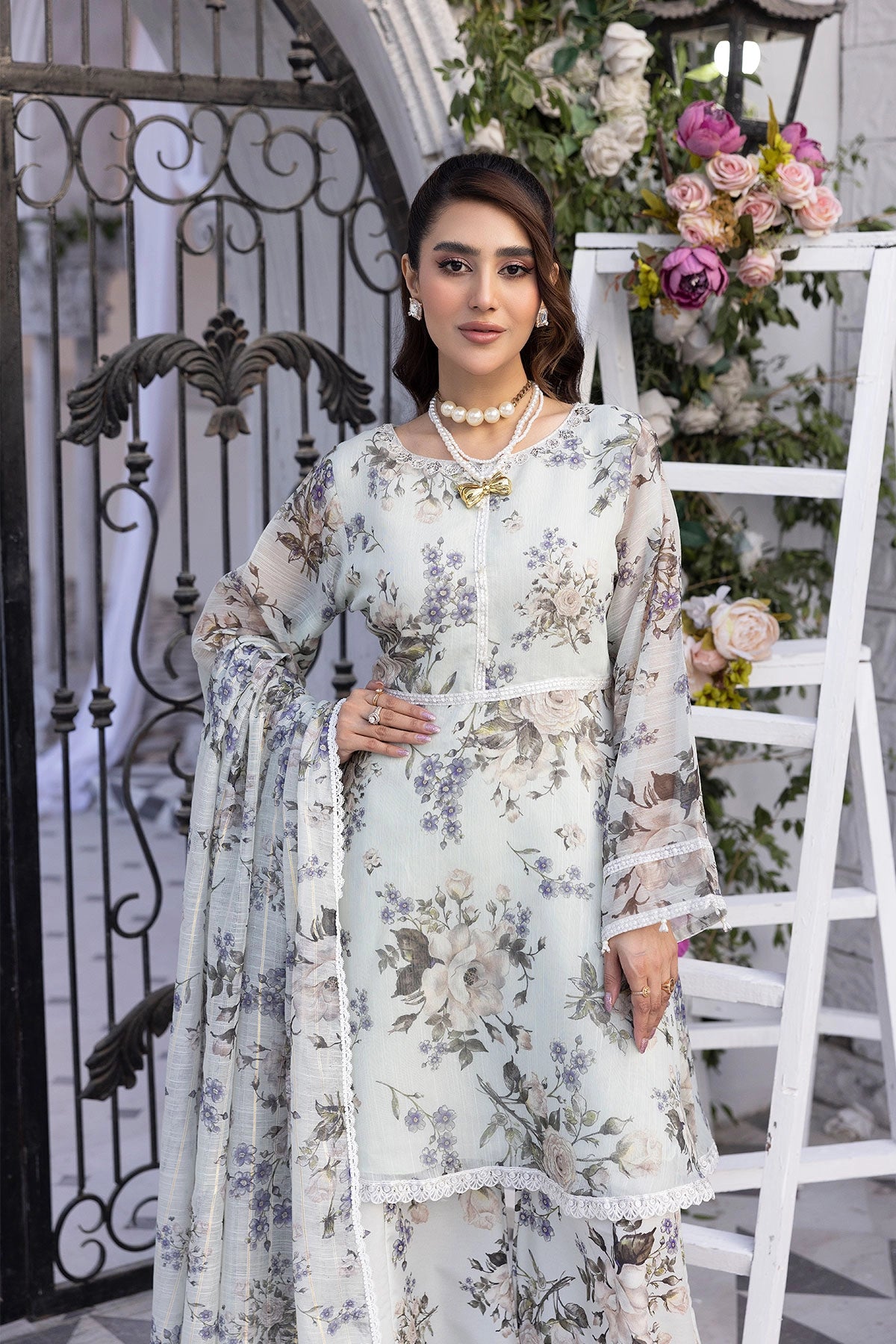Ethnic Inspired Eid Silk Monal Suit With Sharara Trousers Mint MNRK8